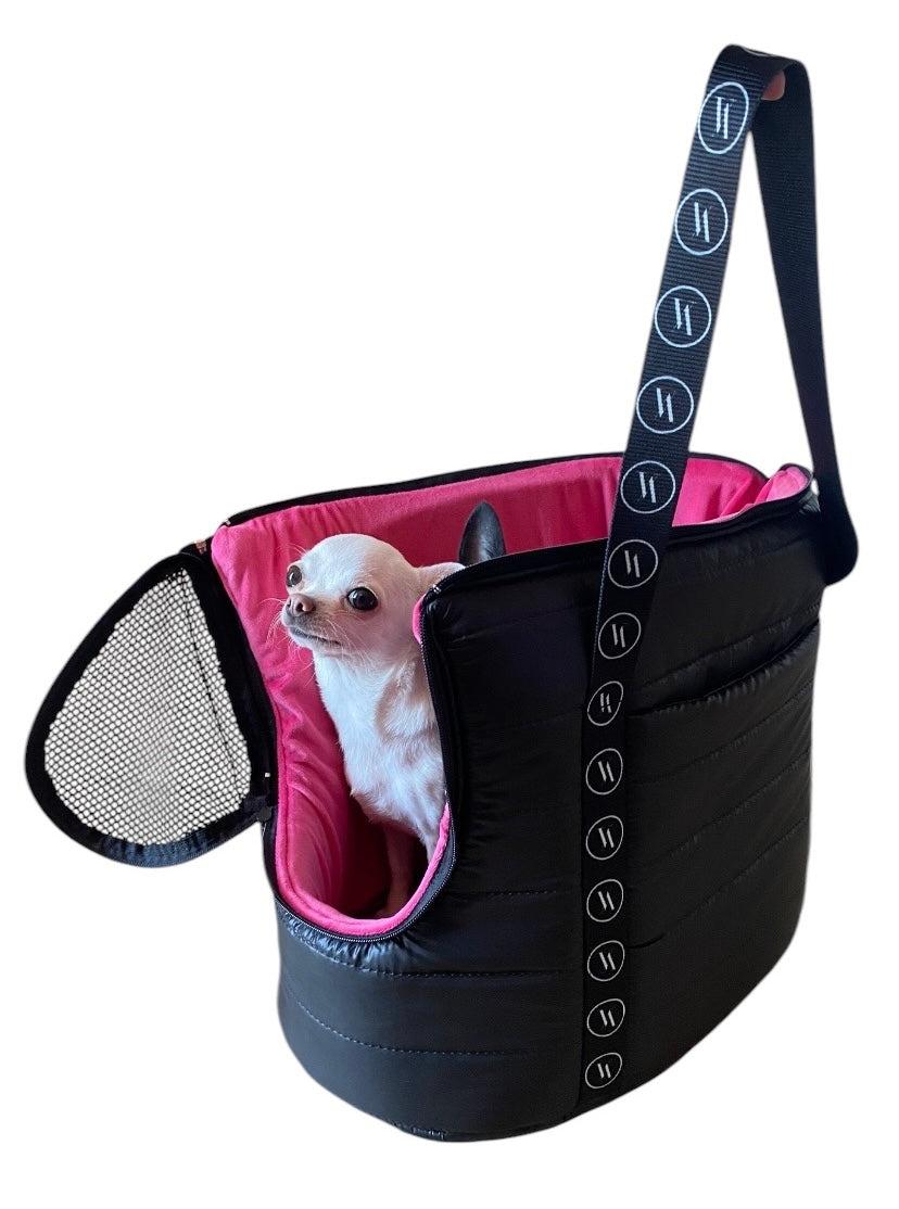 Luxury Dog Carrier Bag - Black with Pink Interior